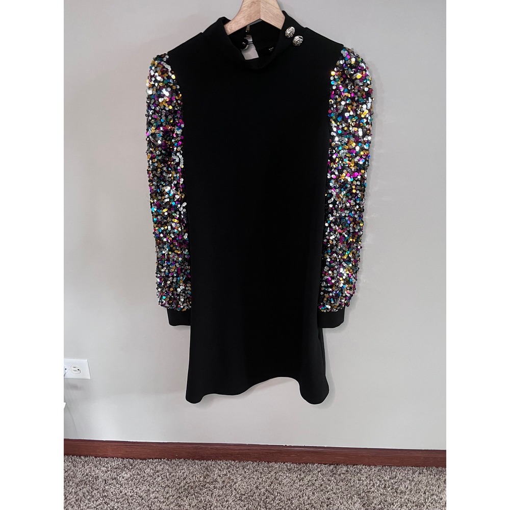 SHEIN Black Mock Neck Mini Dress Multicolor Sequin Long Sleeve Gold Button L